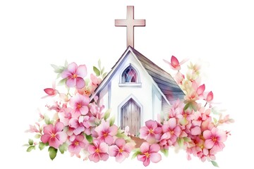 Watercolor christian church with flowers. Hand painted illustration isolated on white background - obrazy, fototapety, plakaty