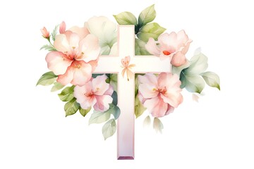 Watercolor Christian cross with flowers. Hand painted illustration isolated on white background