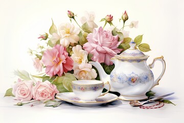 Tea set with tea cup, teapot and flowers on white background