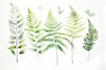 Watercolor fern set. Hand drawn vector illustration isolated on white background.