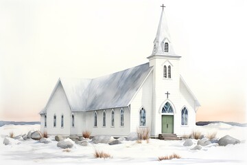 Church in the snow. Digital watercolor painting on white background.