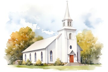 Watercolor illustration of a church in the countryside. High quality illustration