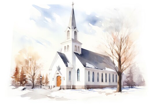 Watercolor illustration of a church in winter. Watercolor painting.