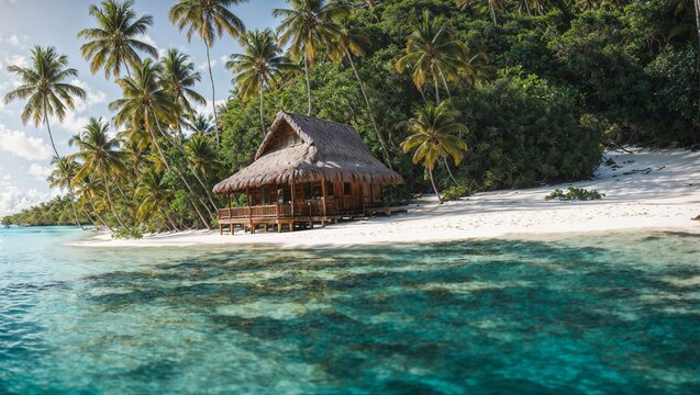 AI generated illustration of a serene tropical island with a traditional thatched hut