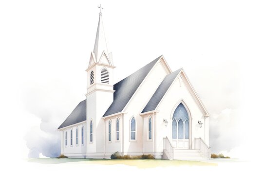 Watercolor illustration of a church on white background. Religious building.