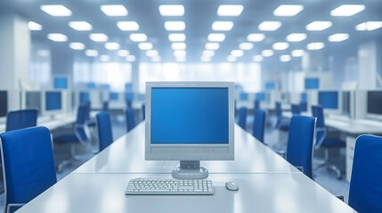 Fototapeta premium Computer Lab with Multiple Monitors, Modern Office or Educational Training Room, Technology and Learning