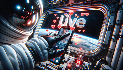 Astronaut Pressing Phone with Hearts in Space Station - obrazy, fototapety, plakaty