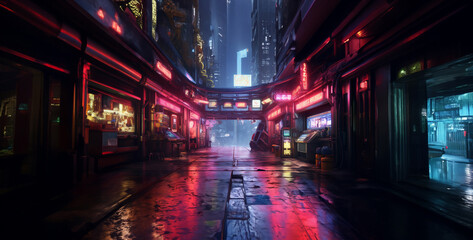 Cyberpunk city alley night with neon lights and wet street reflections