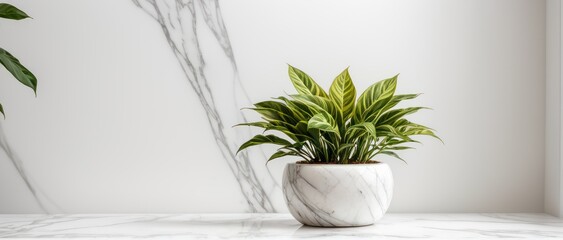Vase and plants on white marble table and background