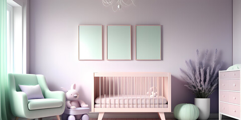 Scandinavian Serenity: Baby Room Decorated in Soft Tones of Baby Pink, Soft Lavender, and Mint Green, Inspired by Nordic Design