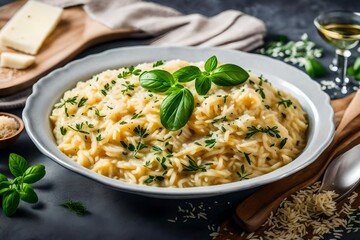 A bowl of creamy risotto topped with vivid herbs and parmesan shavings. 