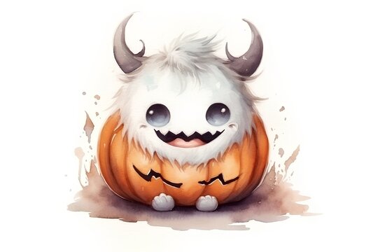 Watercolor illustration of a cute cartoon monster with horns and a pumpkin.