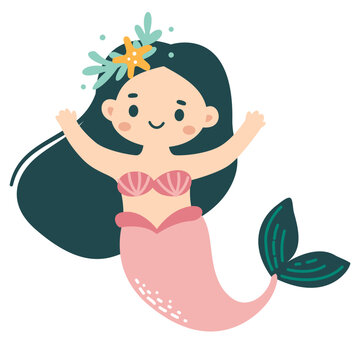 Vector illustration on white background. Cute mermaid in naive childish style . Vector illustration