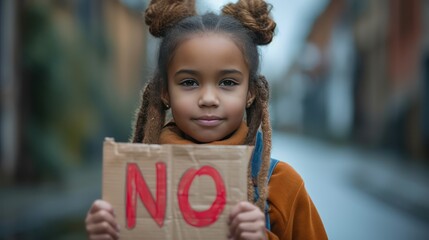 African American child holding no sign in city street, selective focus