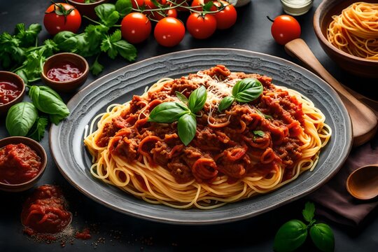  A classic spaghetti bolognese dish with rich meat sauce and twirled pasta