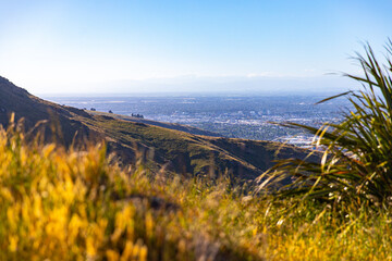 panorama of christchurch city as seen from the gondola summit, bridle path with scenic view of the...