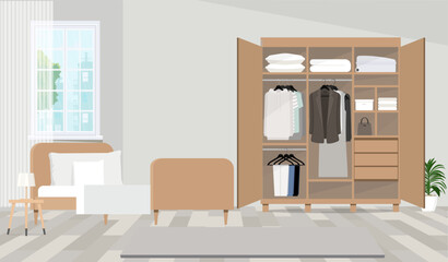 Wooden wardrobe in the Scandinavian interior of a modern bedroom