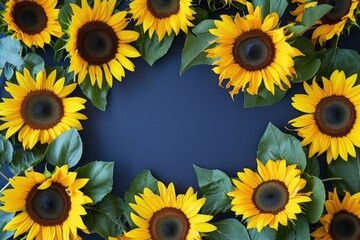 Frame made of beautiful sunflowers on blue background, with space for text concept of Mother Day, Women Day