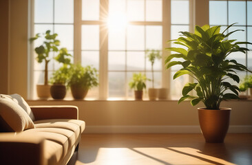 Fototapeta premium The living room has light walls and wooden floors, including large green plants in the center of the room. The photo is of high quality. Made with the help of artificial intelligence.