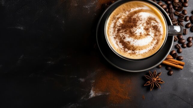 Glass of cinnamon-infused latte stands out against a noir background.