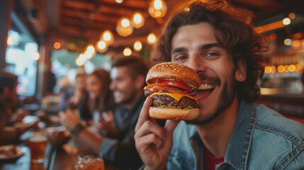 Cheerful young man with friends eating a delicious burger in a casual dining bar. - obrazy, fototapety, plakaty