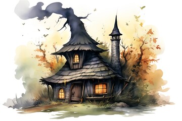 Fototapeta na wymiar Watercolor illustration of Halloween witch house in the forest. Hand drawn illustration