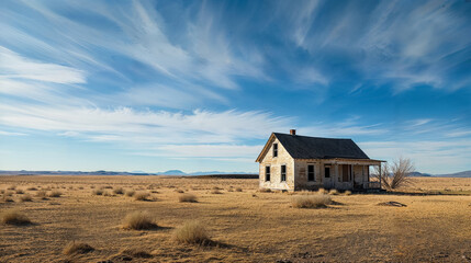 Fototapeta na wymiar Abandoned farmhouse under a vast blue sky with clouds.