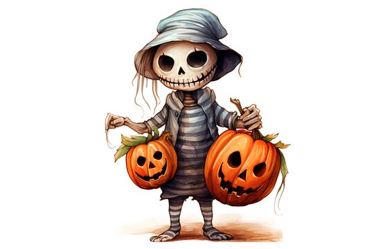 Halloween illustration. Cute little girl in skeleton costume with pumpkins.