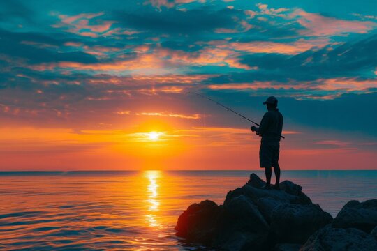 Sport fishing man with sunset, silhouette Fisherman