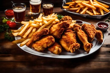 Golden-brown fried chicken served with crunchy fries.