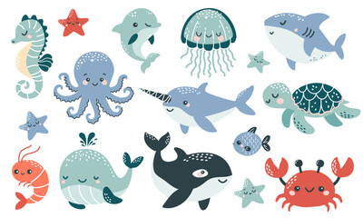 Vector illustration collection in children's Scandinavian style. Orca dolphin dolphin crab jellyfish octopus fish turtle shark seahorse shrimp swordfish. Vector illustration - obrazy, fototapety, plakaty