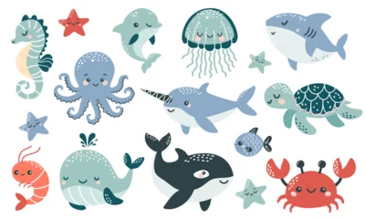 Cercles muraux Vie marine Vector illustration collection in children's Scandinavian style. Orca dolphin dolphin crab jellyfish octopus fish turtle shark seahorse shrimp swordfish. Vector illustration