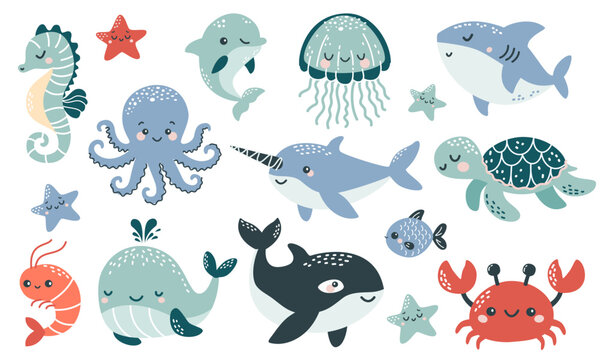 Vector illustration collection in children's Scandinavian style. Orca dolphin dolphin crab jellyfish octopus fish turtle shark seahorse shrimp swordfish. Vector illustration