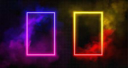 Rectangle neon luminous gradient frame with smoke clouds. realistic vector set of magic fantasy glowing game portal door with bright light border and colorful steam. Casino or night club decoration. © klyaksun