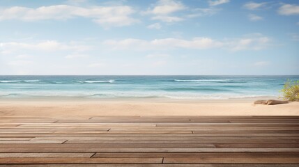 Wooden pier extends onto the beach, providing a scenic view of the sea and the azure sky.