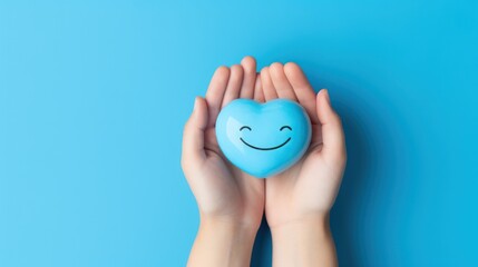 Hands cradle a blue ball featuring a joyful face on a serene blue backdrop.