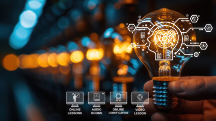 A hand holds a glowing light bulb against a backdrop of multiple bulbs, with e-learning icons suggesting innovative digital education.