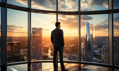 Fototapeta na wymiar Businessman Contemplating Cityscape Through Floor-to-Ceiling Windows, Reflecting on Corporate Success in Modern Office Tower at Sunset.