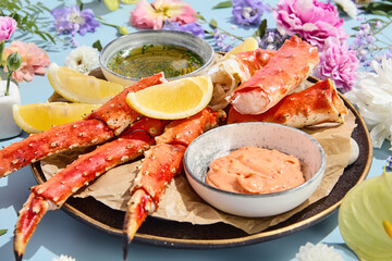 Crab Claws with Dipping Sauces, Surrounded by Pastel and Surreal Floral Spring or Summer Ambience