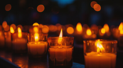 Burning candles in the cemetery at night, shallow depth of field