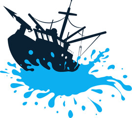 A whaling ship sails on a blue wave - obrazy, fototapety, plakaty