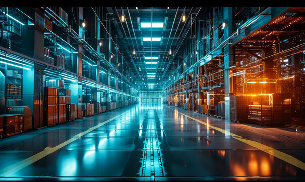 Advanced virtual warehouse interface with holographic storage layout and futuristic cyber infrastructure