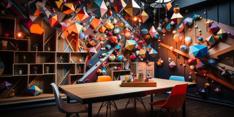 Vibrant and colorful educational workspace with floating geometric shapes, pencils, and lively confetti, depicting a creative learning environment - obrazy, fototapety, plakaty
