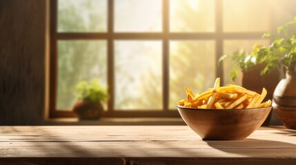 French fries in a white bowl on the windowsill in the evening