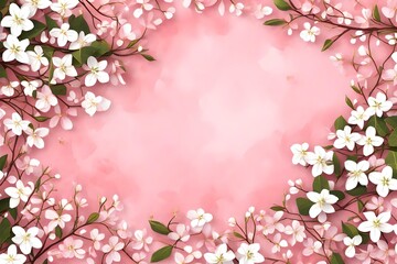  pink background with text copy space in middle with small white branch of the flower at the one side of the corner backgroun view  "Tranquil Pink Background: Serene Copy Space with Delicate White Flo