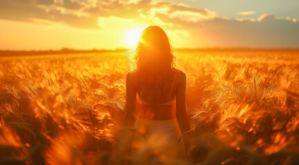 Back view of a woman gazing into a sunset over a golden wheat field,AI generated