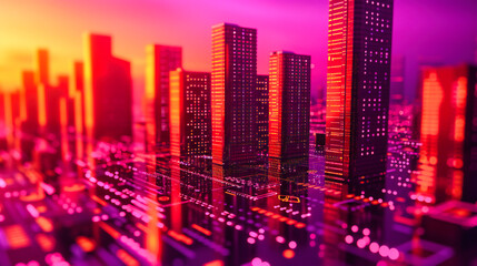Fototapeta na wymiar Neon Lit City at Night, Futuristic Urban Skyline, Bright Architecture and Technology Concept, Abstract Design