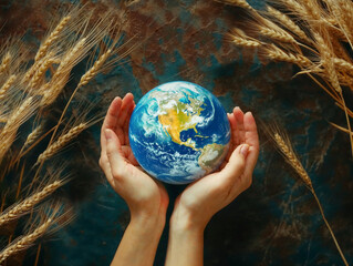 Closeup flatlay overhead of hands holding and caring about the planet Earth on a background full of...