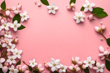  pink background with text copy space in middle with small white branch of the flower at the one side of the corner backgroun view  "Tranquil Pink Background: Serene Copy Space with Delicate White Flo
