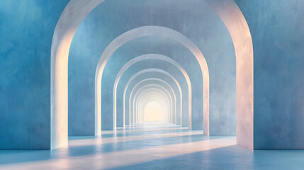 Architectural Corridor with Arches, Empty Tunnel Perspective, Modern Design and Travel Concept, White Interior